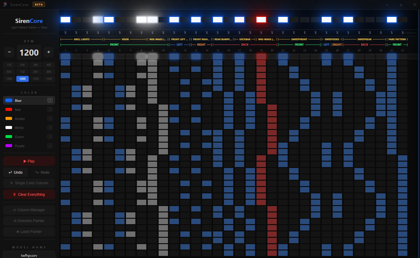 SirenCore pattern editor showing a light pattern grid with columns for grill, visor, wig-wags, and more
