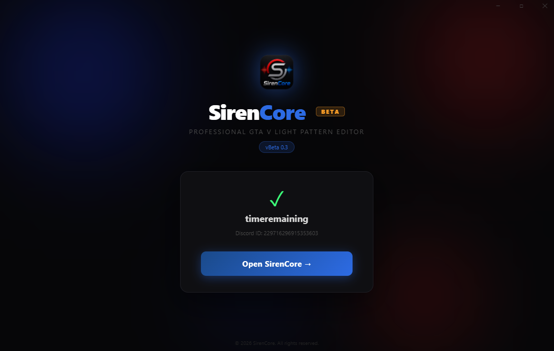SirenCore desktop app login showing Discord ID verified and Open SirenCore button